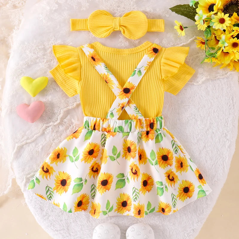 Pudcoco Baby Girl Summer Outfits Short Sleeve Romper + Sunflower Suspender Skirt + Headband Set
