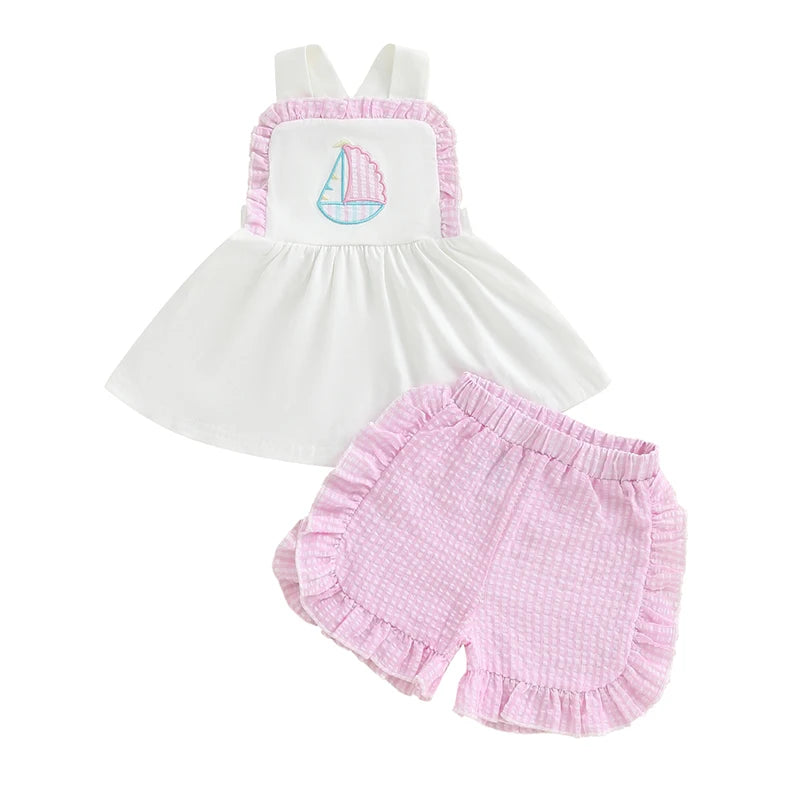 Lioraitiin Toddler  Baby Girl Summer Outfits Sleeveless Sailboat Embroidery Tank Tops Shorts Set Clothes