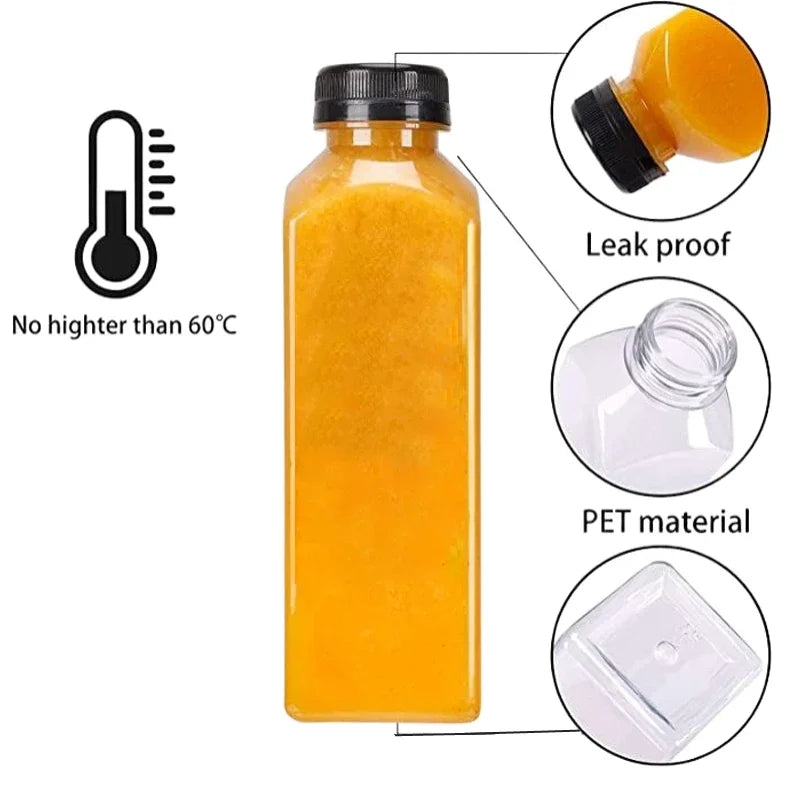 5pcs 60ML-500ML Empty Clear Plastic Juice Bottles with Caps W/ Funnel Reusable Water Bottle Containers for DIY Juicing Smoothie