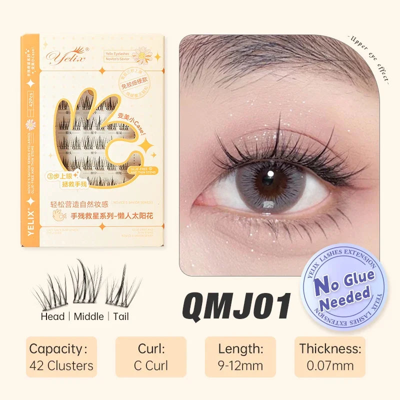 Yelix Self-adhesive Glue Free False Eyelashes Reusable DIY Segmented DIY Lashes Clusters No Glue Needed Natural Soft Lashes