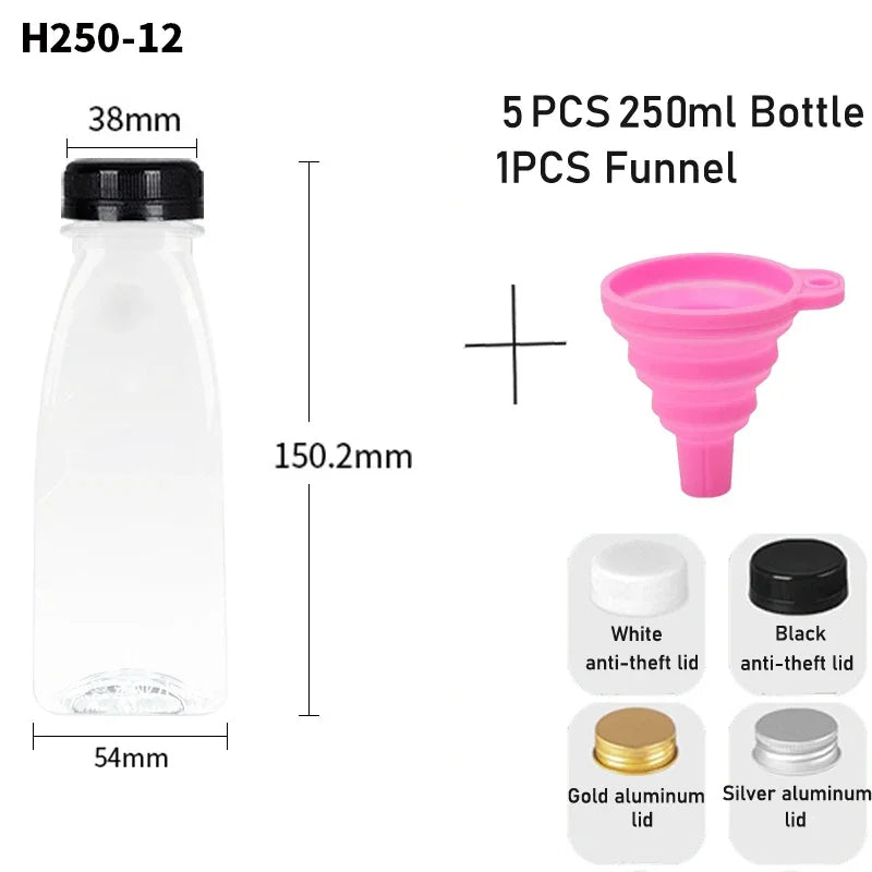 5pcs 60ML-500ML Empty Clear Plastic Juice Bottles with Caps W/ Funnel Reusable Water Bottle Containers for DIY Juicing Smoothie