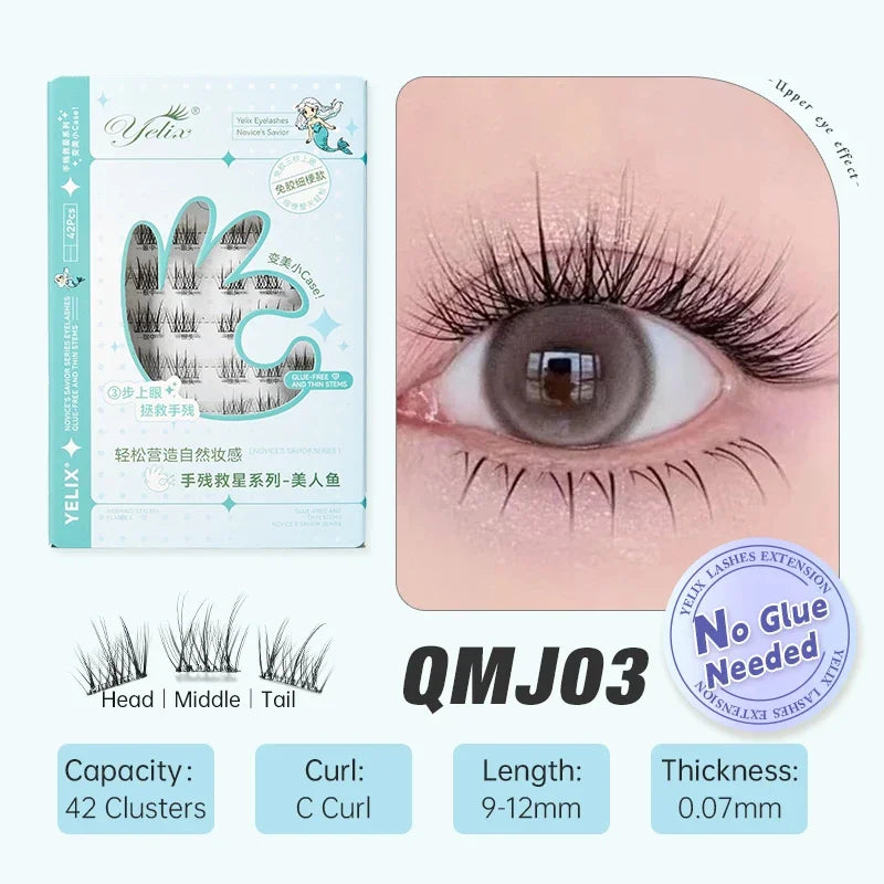 Yelix Self-adhesive Glue Free False Eyelashes Reusable DIY Segmented DIY Lashes Clusters No Glue Needed Natural Soft Lashes
