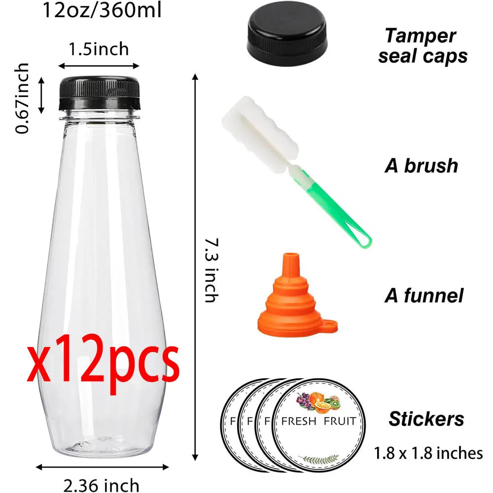 12oz Empty Plastic Juice Bottles with Caps, Cone Reusable Clear Bulk Beverage Containers for Juicing,Drinking,Milkshake,Tea
