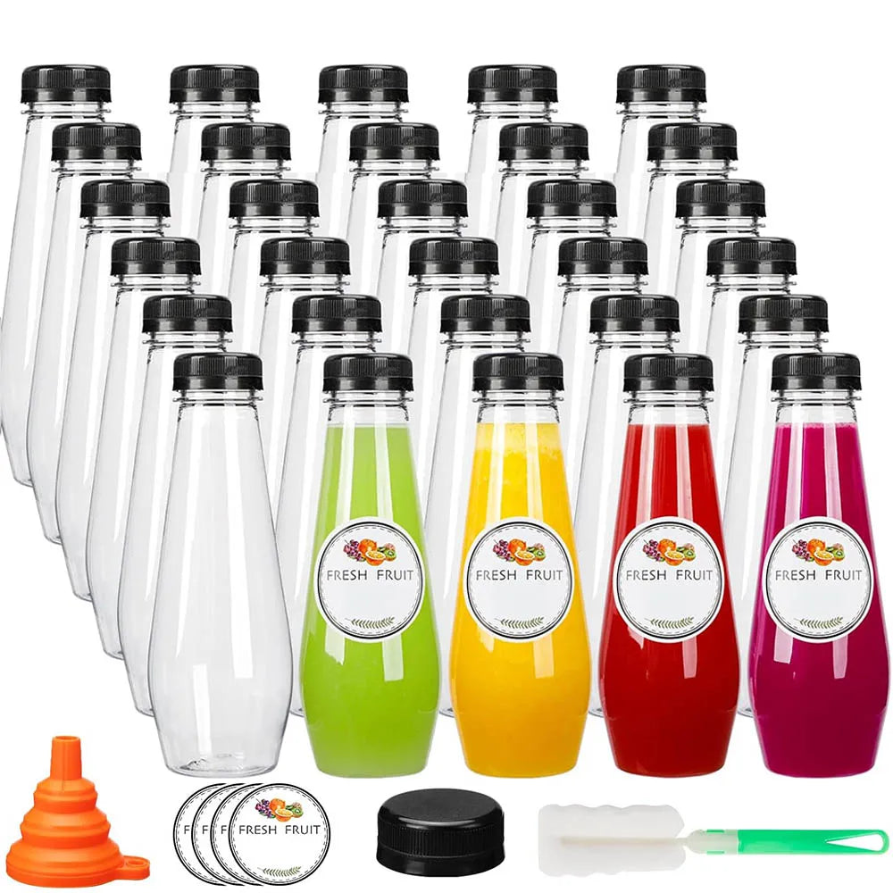 12oz Empty Plastic Juice Bottles with Caps, Cone Reusable Clear Bulk Beverage Containers for Juicing,Drinking,Milkshake,Tea