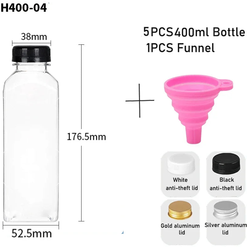 5pcs 60ML-500ML Empty Clear Plastic Juice Bottles with Caps W/ Funnel Reusable Water Bottle Containers for DIY Juicing Smoothie