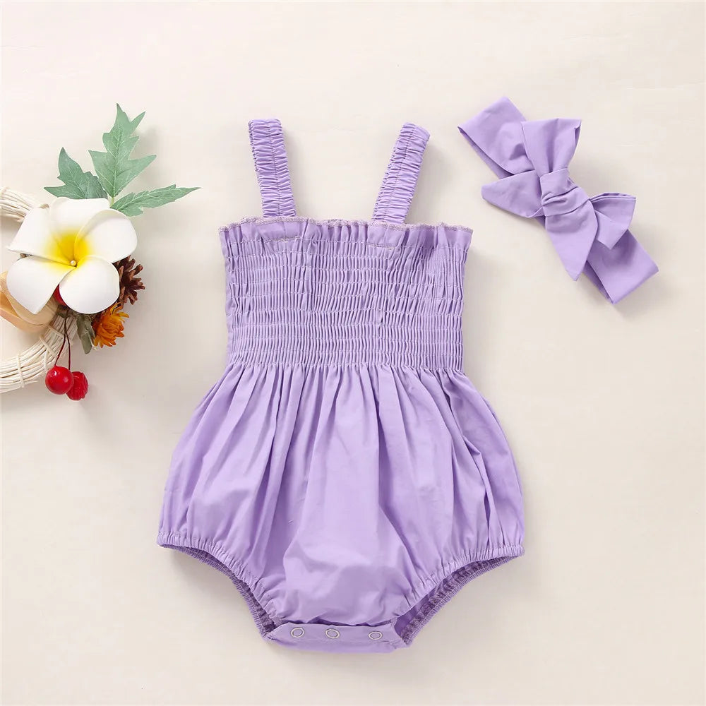 Infant Baby Girls 2Pcs Summer Outfits, Sleeveless Frill Smocked Strap Romper with Headband Set
