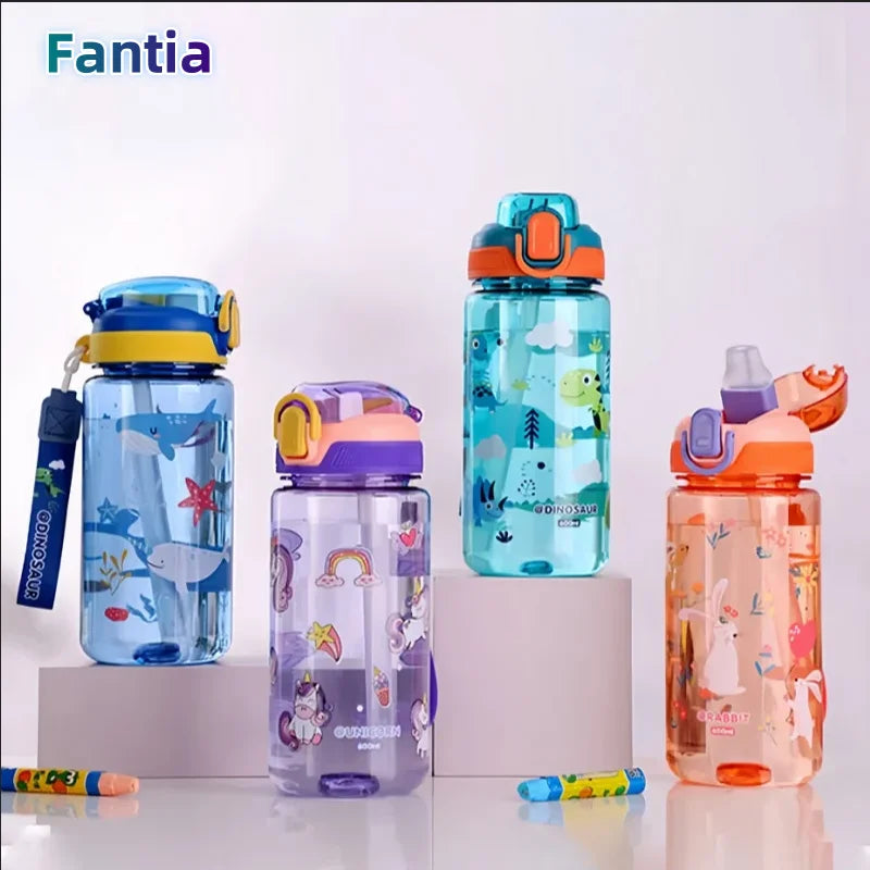 600ml Dinosaur Water Bottle For Kids Water Sippy Cup With Silicone Straw Leakproof Plastic Water Bottles Summer Kids Water Cup