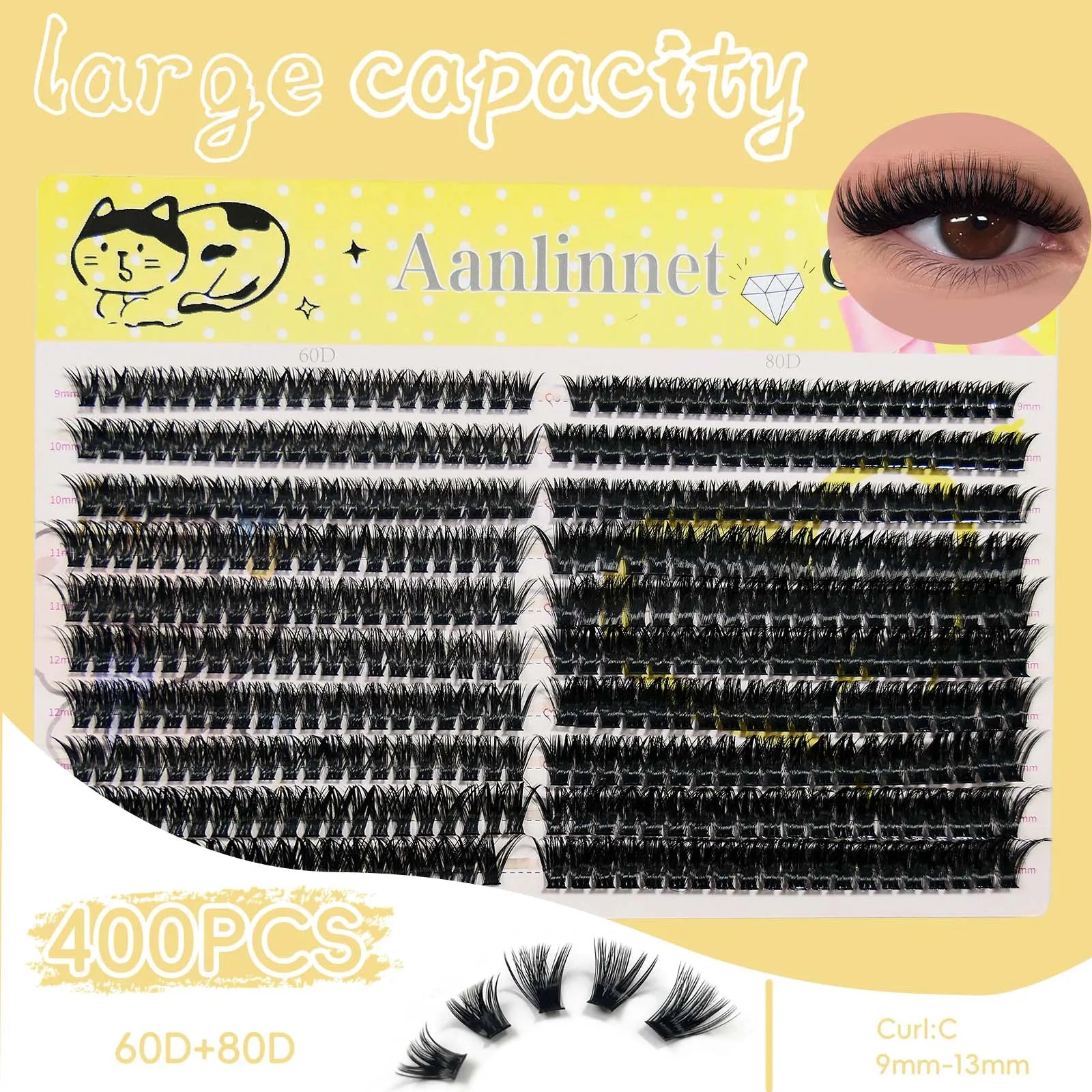 Natural Soft and Slim Eyelashes, 20 Rows, 400 Clusters, Large Capacity, Reusable, DIY Makeup, False Eyelashes