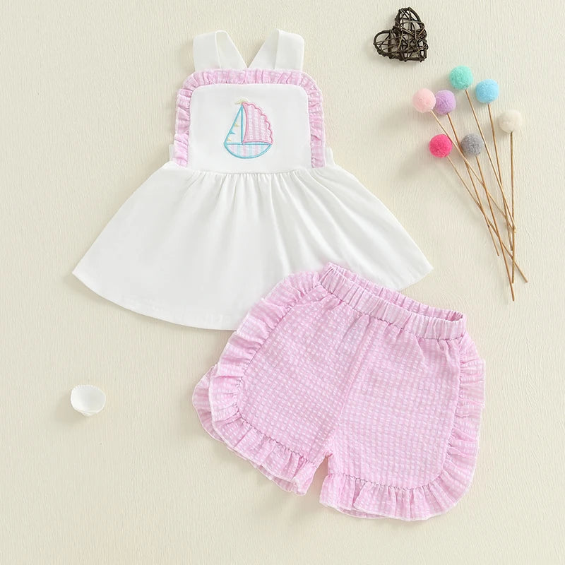 Lioraitiin Toddler  Baby Girl Summer Outfits Sleeveless Sailboat Embroidery Tank Tops Shorts Set Clothes