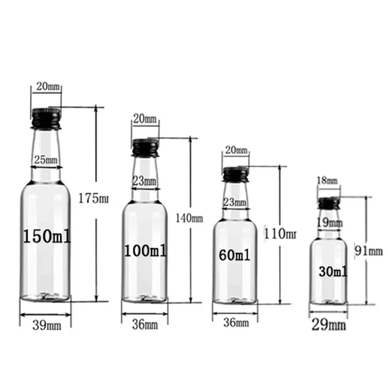 10Pcs 30ml-150ml Plastic Liquor Bottles W/ Aluminum Cap Reusable Travel Juice Container For Wedding Party Gifts DIY Decorating