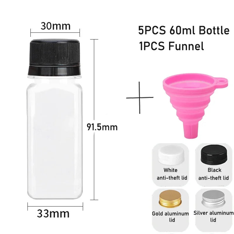 5pcs 60ML-500ML Empty Clear Plastic Juice Bottles with Caps W/ Funnel Reusable Water Bottle Containers for DIY Juicing Smoothie