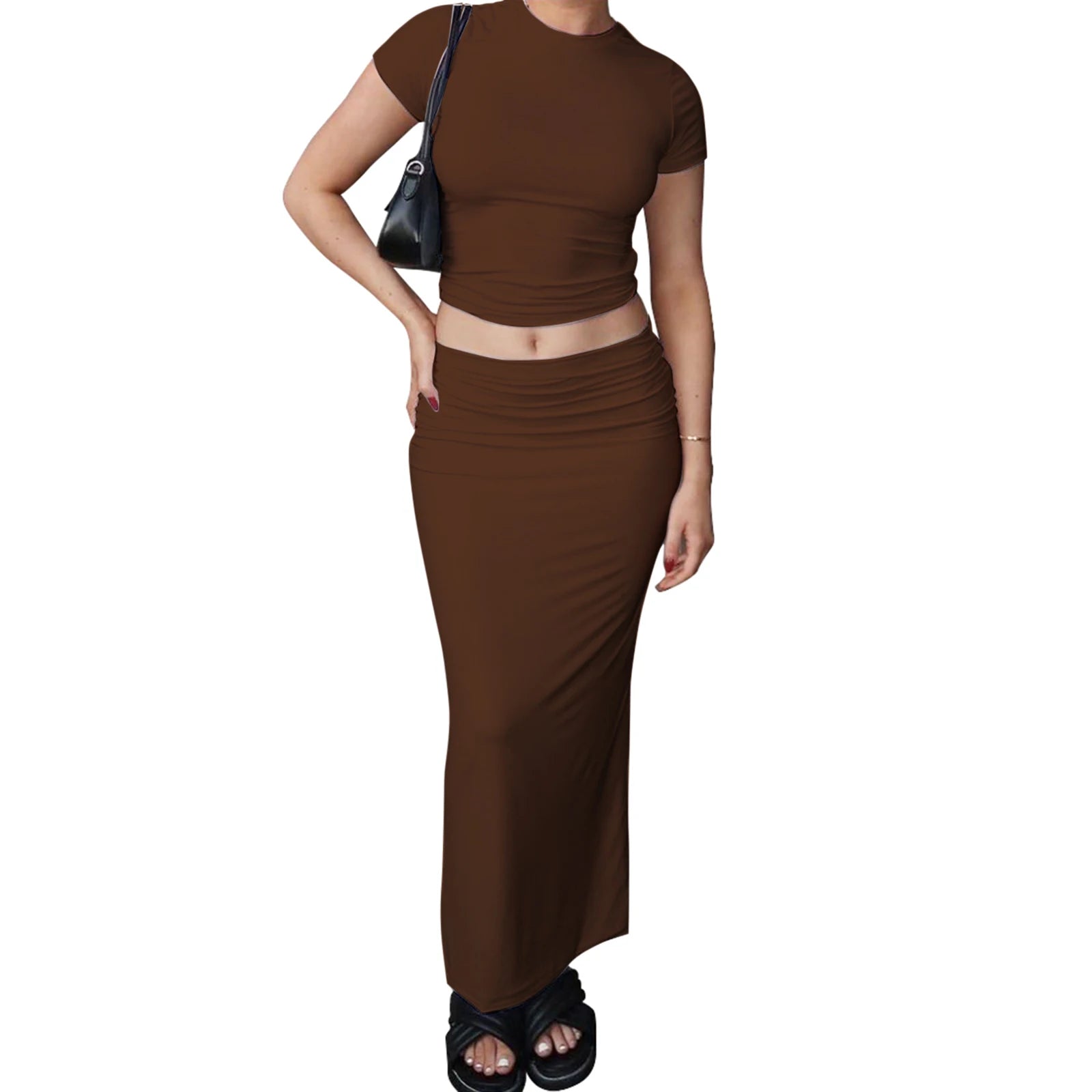 Women’s Two Piece Summer Outfits Solid Color Short Sleeve Solid Color Crop Tops and Long Skirt Set