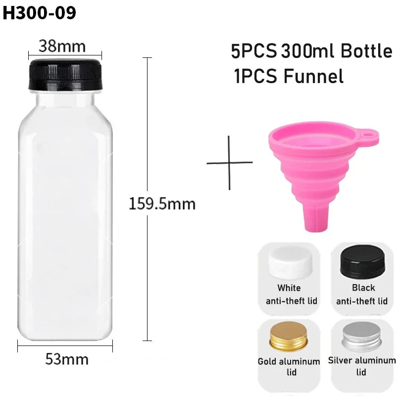 5pcs 60ML-500ML Empty Clear Plastic Juice Bottles with Caps W/ Funnel Reusable Water Bottle Containers for DIY Juicing Smoothie