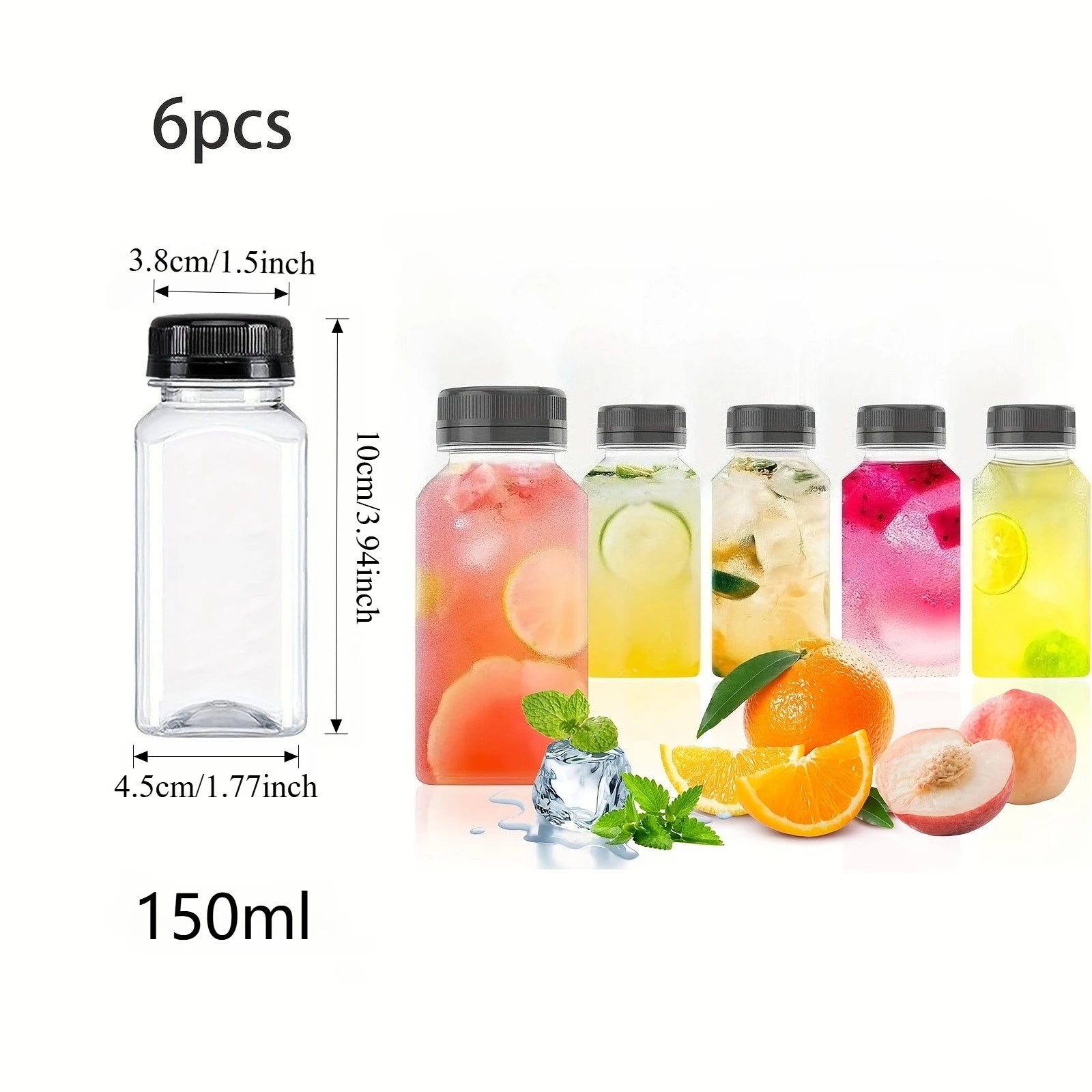 6pcs Reusable Transparent Plastic Juice Bottles with Lids, For Beverages, Smoothies, Milkshakes, Fridge Storage Containers