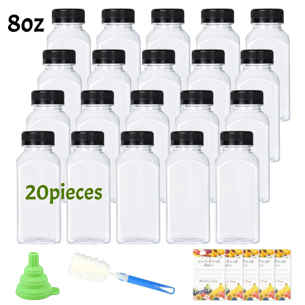 20-80pcs Plastic Juice Bottles 8/12oz Reusable Juice Bottles with Caps & Labels, Funnel, Brush ,Containers for Juicing Smoothies