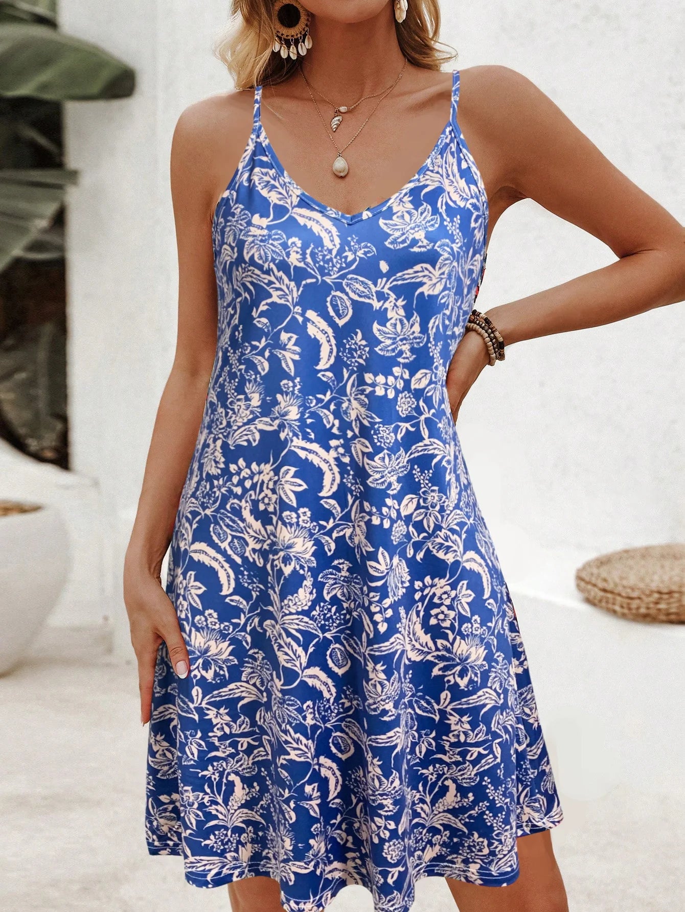 women's summer outfits Plant Print Spaghetti Strap Dress fashion vacation dress