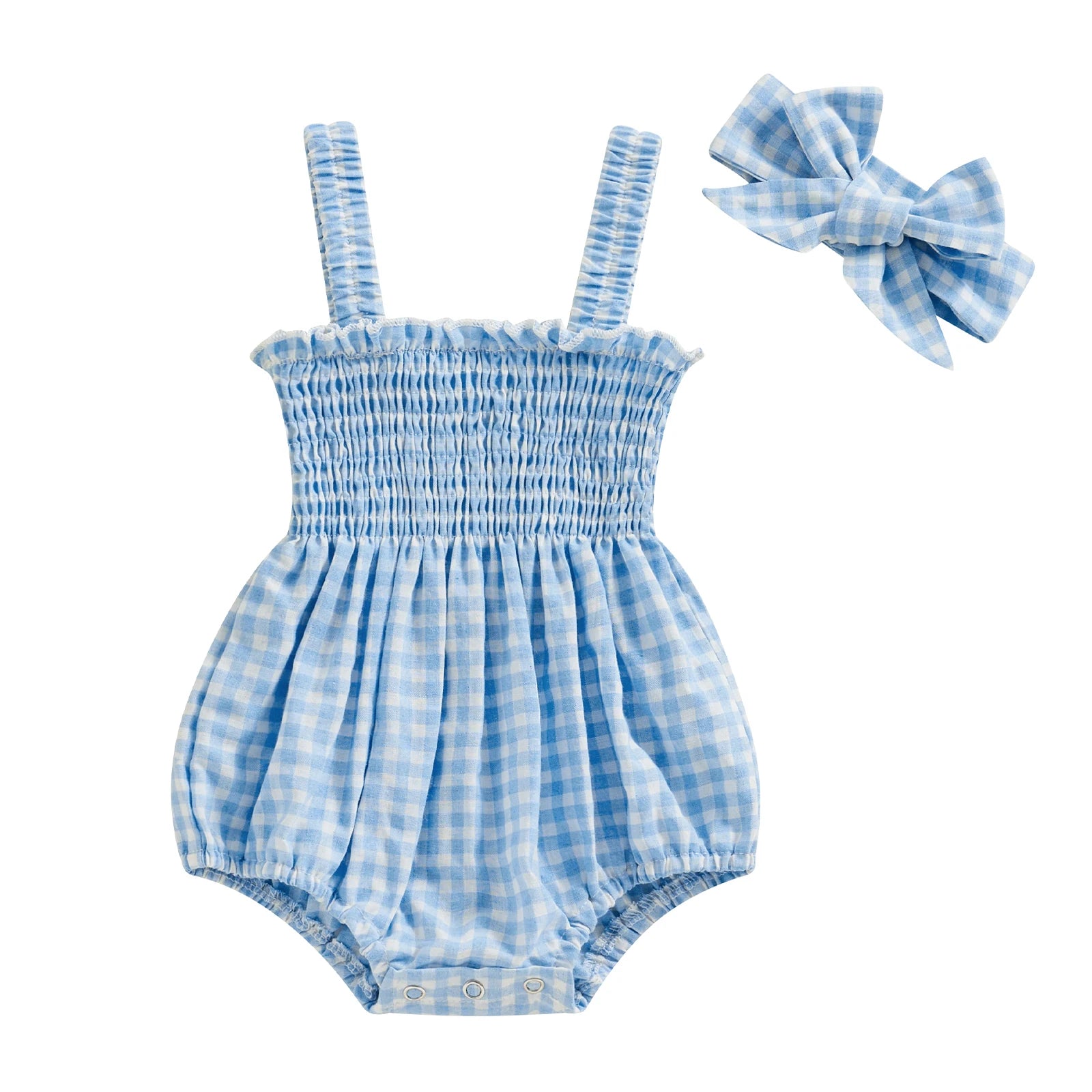 Infant Baby Girls 2Pcs Summer Outfits, Sleeveless Frill Smocked Strap Romper with Headband Set