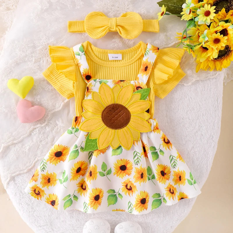 Pudcoco Baby Girl Summer Outfits Short Sleeve Romper + Sunflower Suspender Skirt + Headband Set