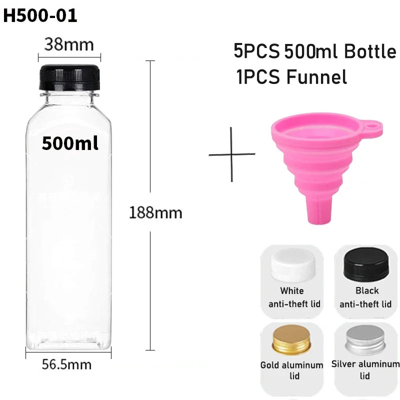 5pcs 60ML-500ML Empty Clear Plastic Juice Bottles with Caps W/ Funnel Reusable Water Bottle Containers for DIY Juicing Smoothie