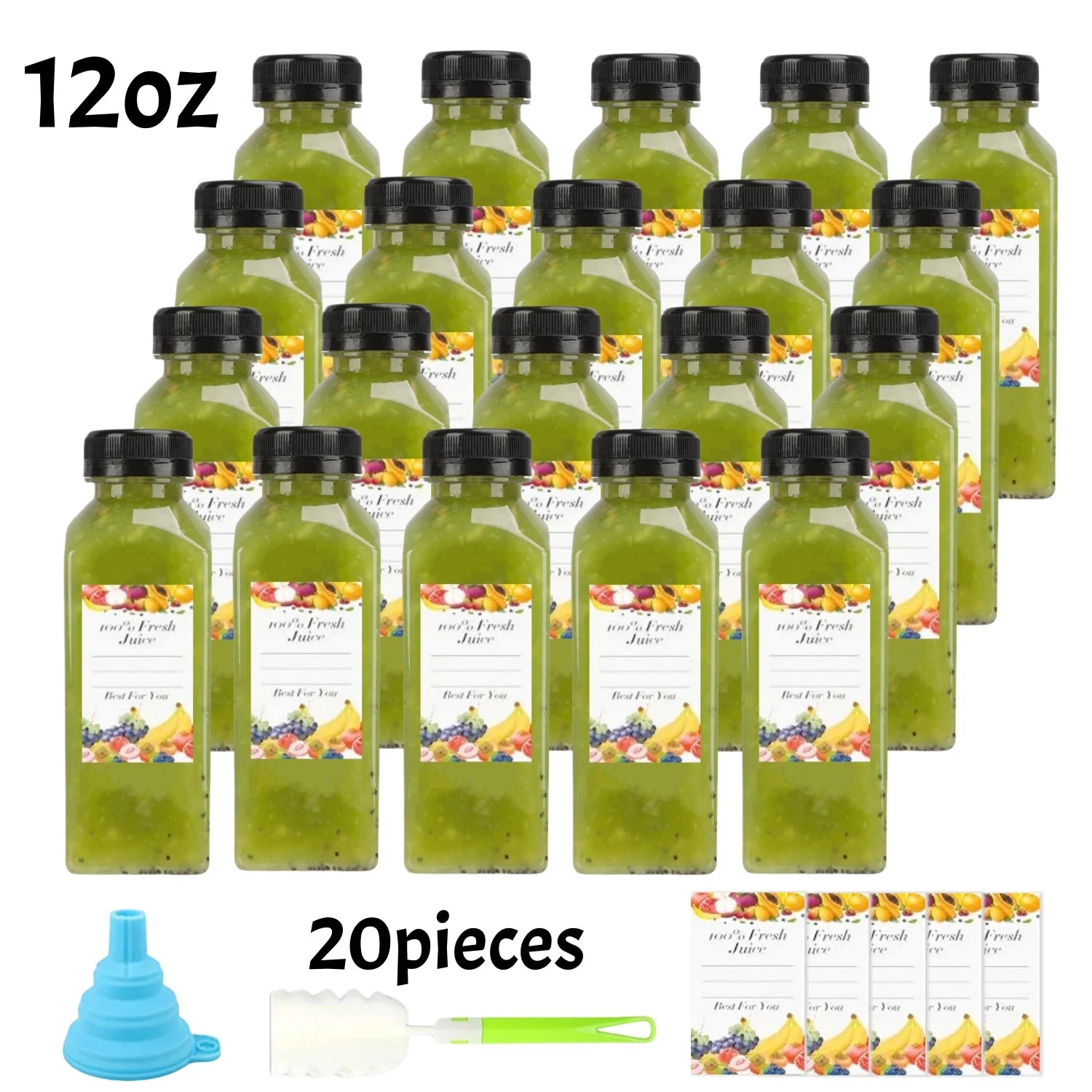 20-80pcs Plastic Juice Bottles 8/12oz Reusable Juice Bottles with Caps & Labels, Funnel, Brush ,Containers for Juicing Smoothies