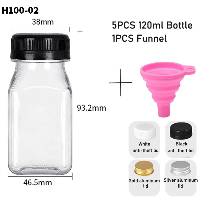 5pcs 60ML-500ML Empty Clear Plastic Juice Bottles with Caps W/ Funnel Reusable Water Bottle Containers for DIY Juicing Smoothie