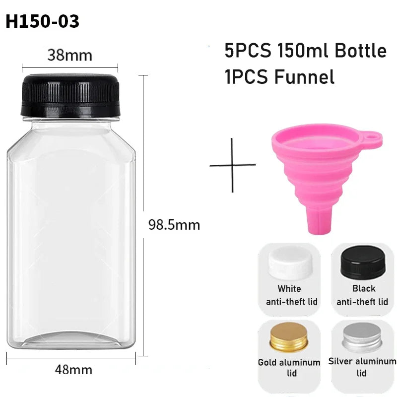 5pcs 60ML-500ML Empty Clear Plastic Juice Bottles with Caps W/ Funnel Reusable Water Bottle Containers for DIY Juicing Smoothie