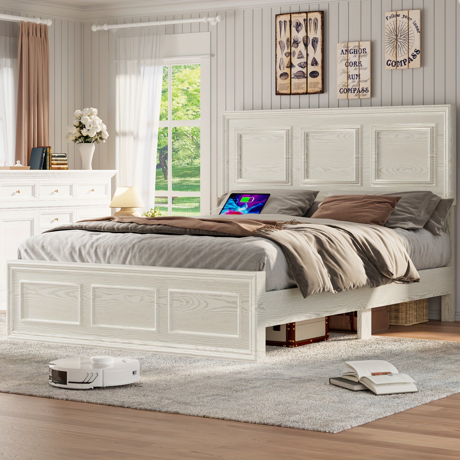 Full Queen Platform Bed Frame with Headboard, Farmhouse Style, Height Adjustable, Brown Oak Finish, USB Charging Port, Metal Frame, Easy Assembly, Modern Bedroom Furniture