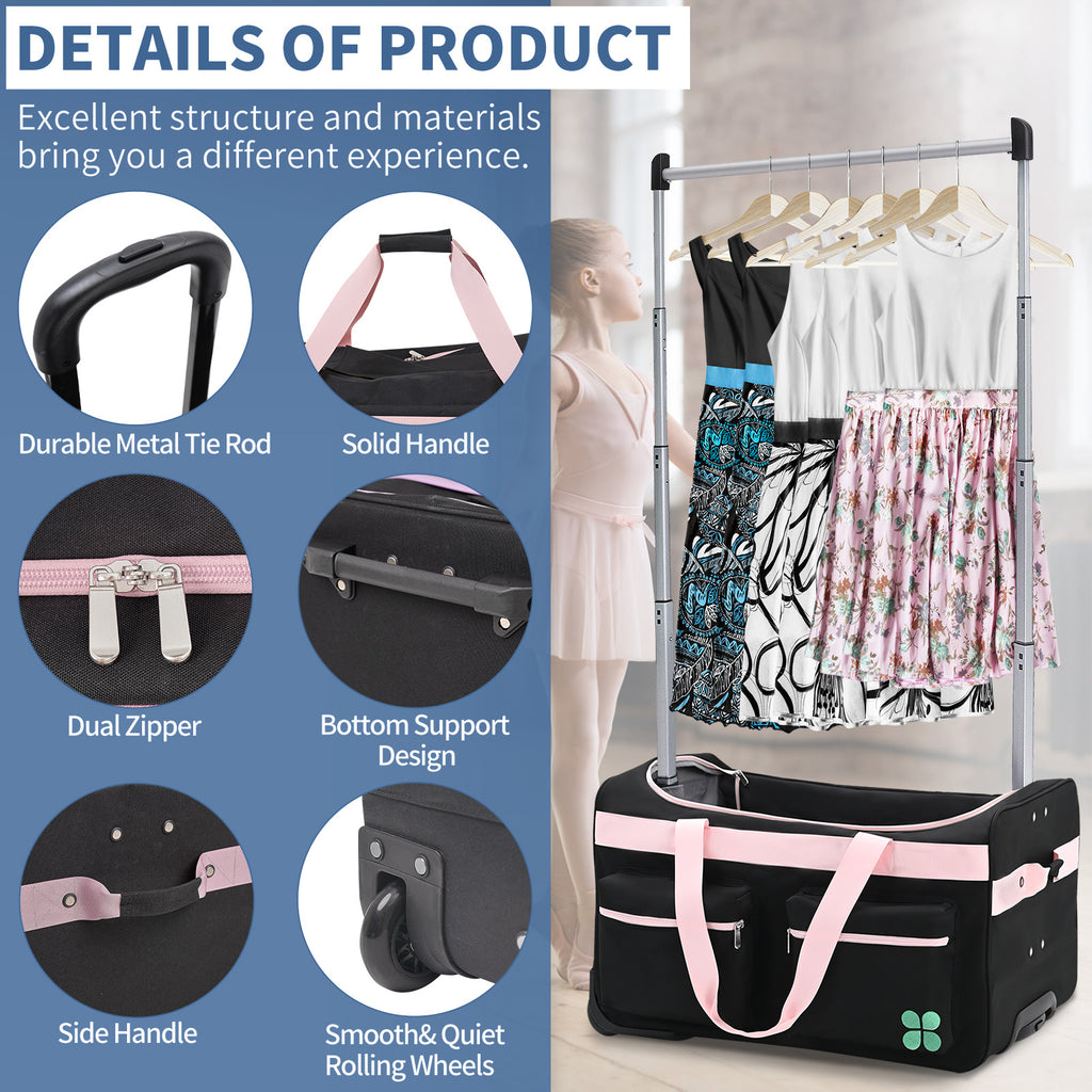 Dance Bag With Garment Rack, 27 Inch Dance Competition Bag Garment Duffel Bag For Competition Events, Travel, Recital Events, Rolling Garment Bag Travel Dance Bag for Girls Boys