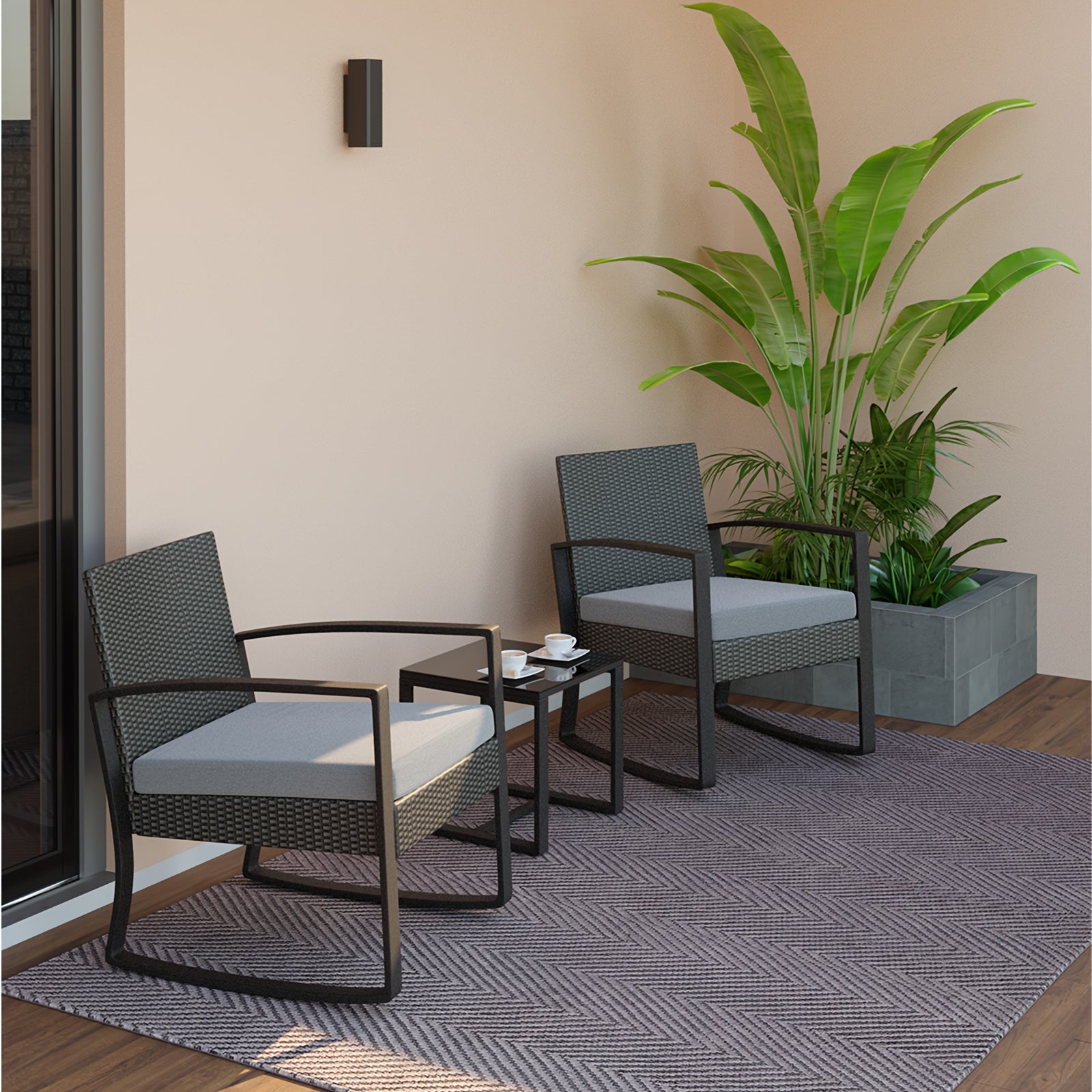 3pcs Patio Furniture Set Rocking Bistro Set Outdoor Rattan Conversation with Coffee Table for Garden Balcony Backyard Poolside (Grey Cushion), Patio Set, Outdoor Patio Furniture, Patio Table And Chair Set, Outdoor Furniture,