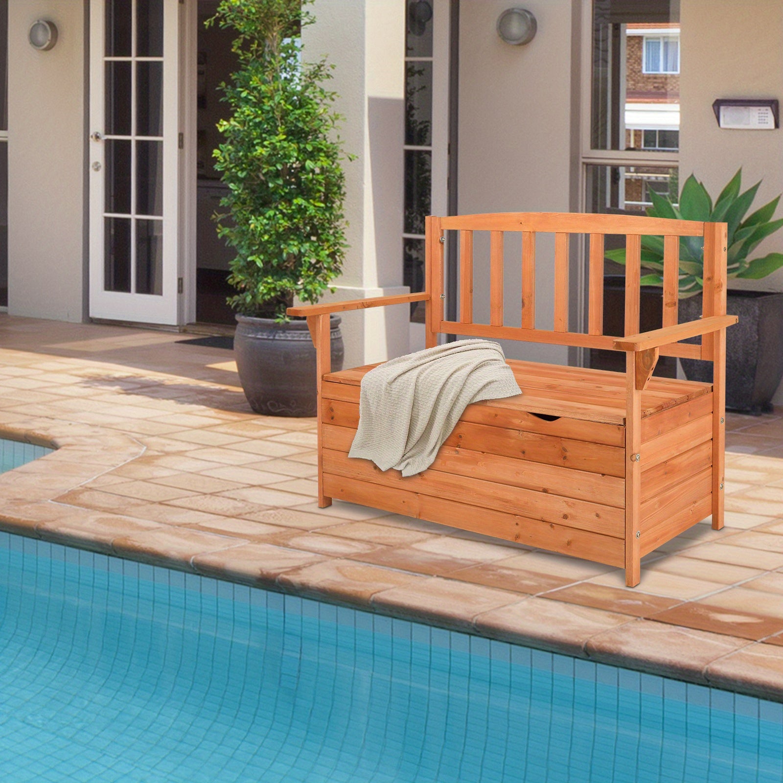 Extra Large 44" Solid Wood Storage Ottoman with Backrest & Armrests - Heavy-Duty 440lb Weight Capacity, High Quality Cover Compatible, Multi-Functional Patio Garden Furniture, Sturdy Construction for Deck, Backyard, or Poolsi