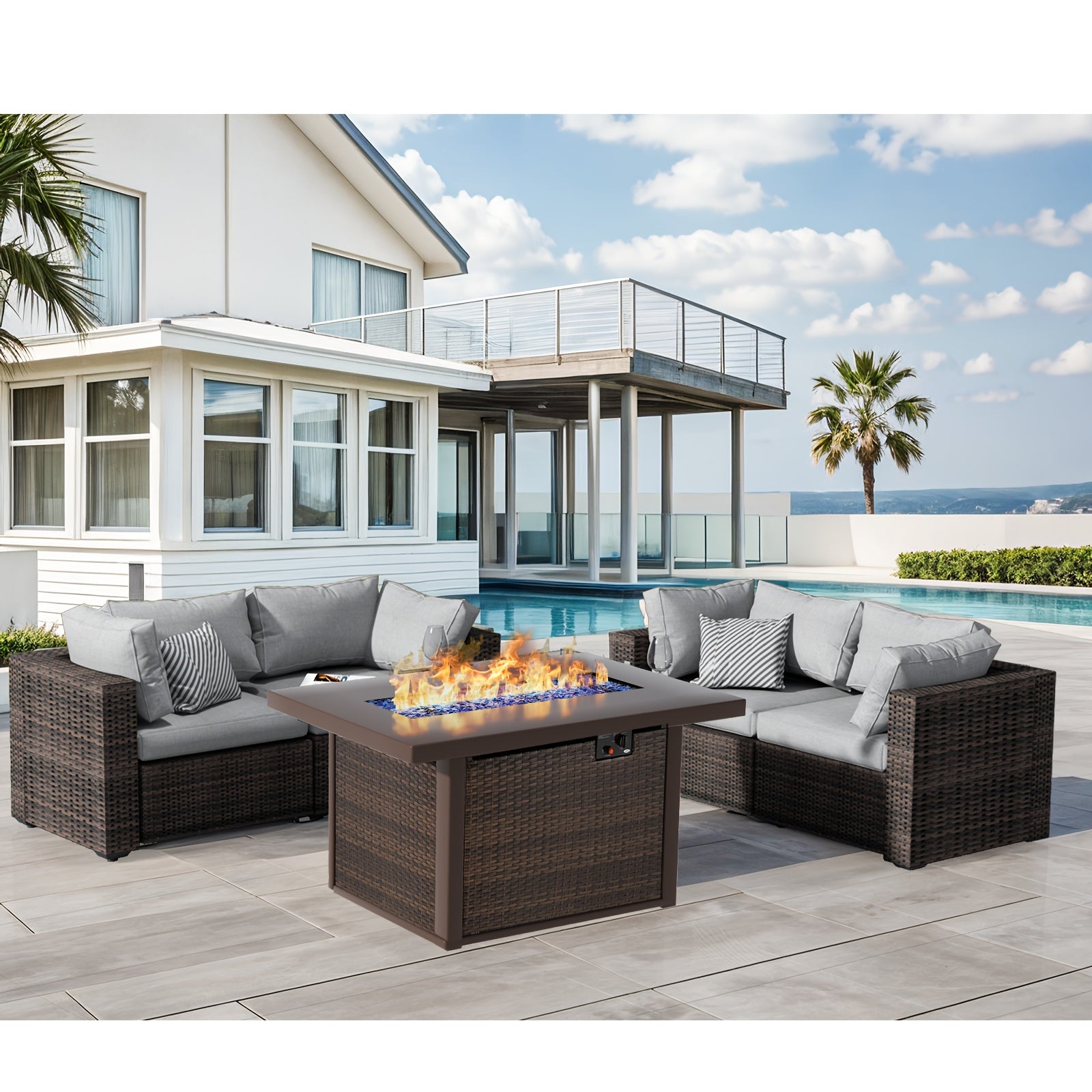 5pcs Patio Furniture Set With Fire Pit Table, All Weather Outdoor Sectional PE Rattan, Patio Conversation Sets With Cushions And Glass Coffee Table For Garden Lawn Balcony