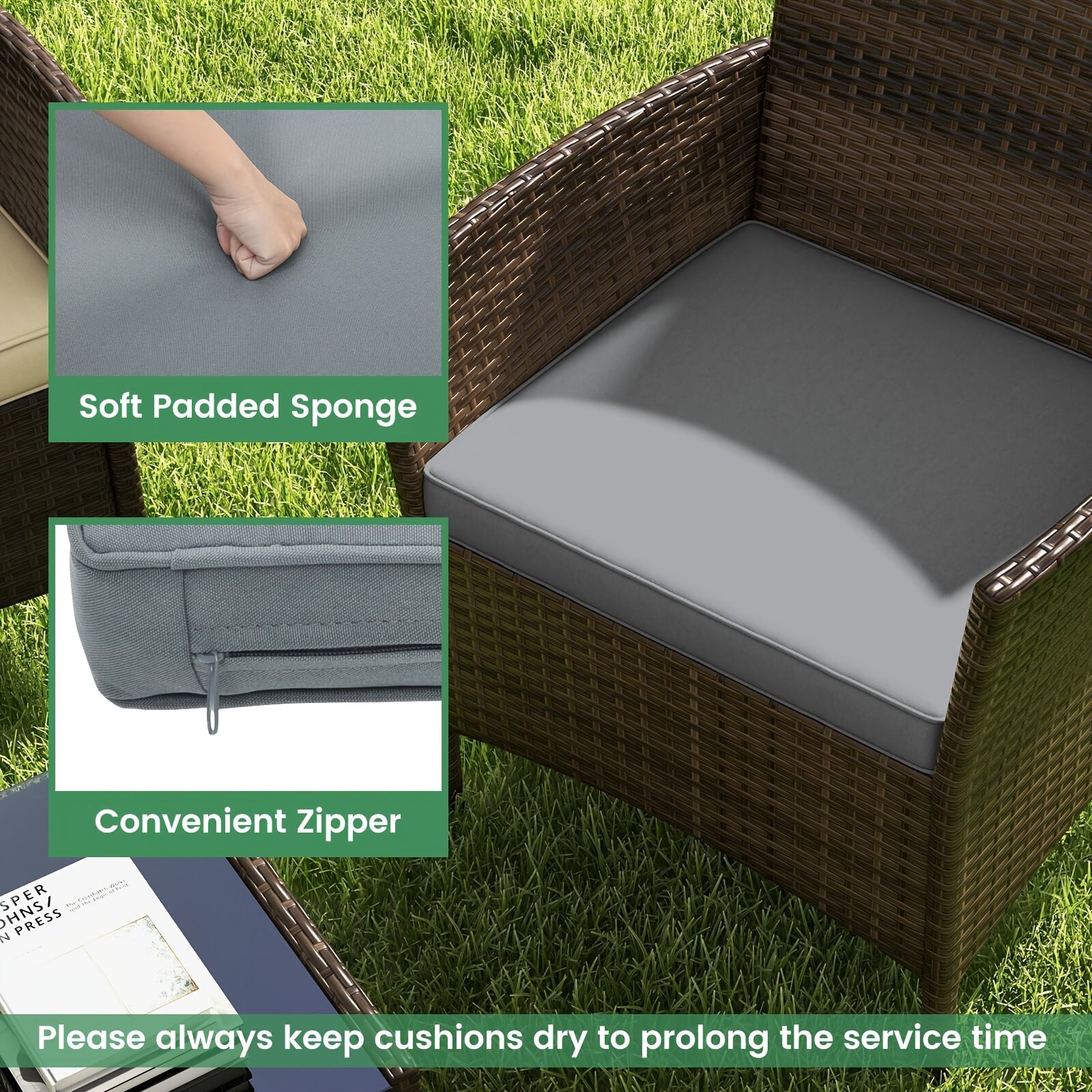 4pcs Patio Furniture Set w/Washable Cushions and Tempered Glass Coffee Table
