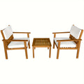 3 Pieces Acacia Wood Patio Bistro Set with Water Resistant Cushions and Coffee Table for Backyard Garden Patio Furniture Outdoor Table Chair Set Outdoor Wood Chat Chairs Set