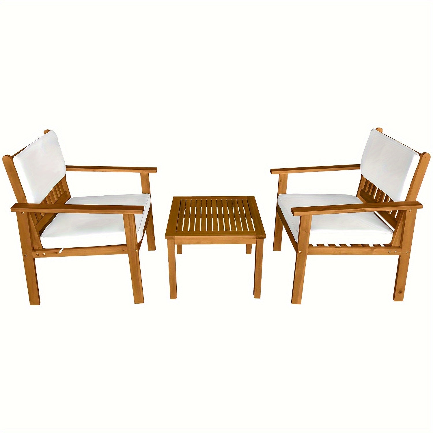 3 Pieces Acacia Wood Patio Bistro Set with Water Resistant Cushions and Coffee Table for Backyard Garden Patio Furniture Outdoor Table Chair Set Outdoor Wood Chat Chairs Set