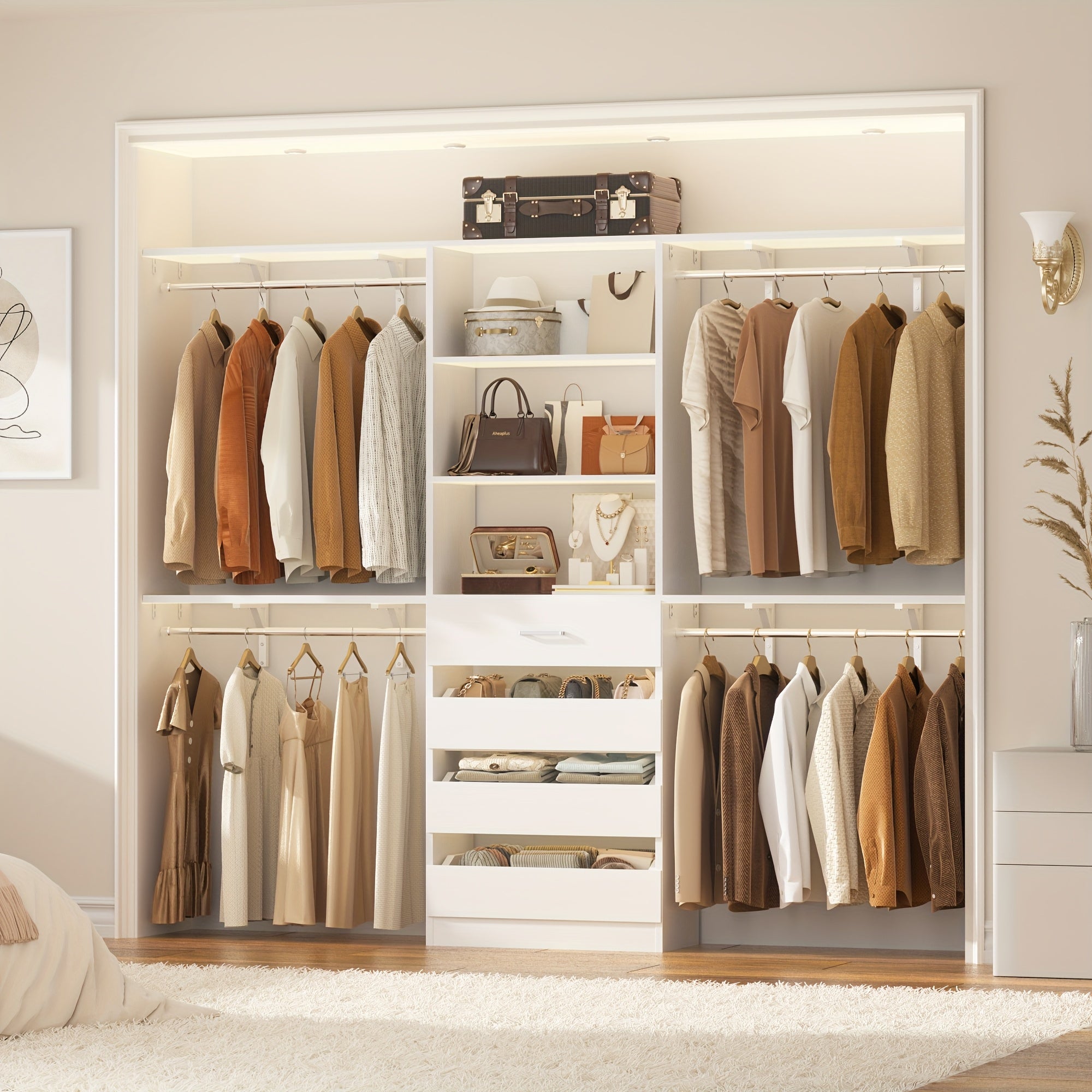 Closet System, 8ft Wood Closet Organizer And Storage System with 4 Drawers, Closet Organizer System, 96'' Walk-in Wardrobe Closet Unit, Closet Clothes Rack with 4 Hanging Rods, Shelves, Adjustable Garment Rack, Cut Fits Space