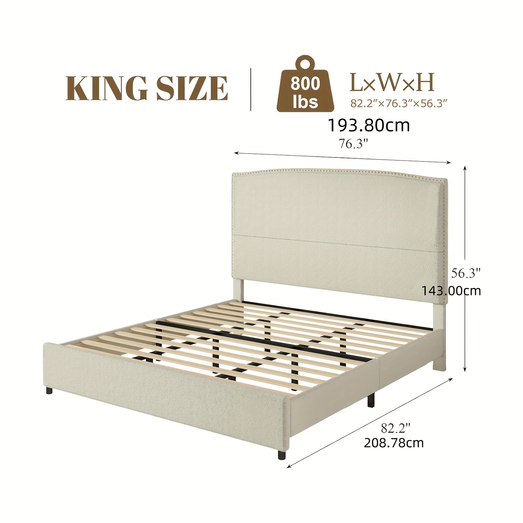 Elegant Queen King Size Bed Frame with 56" Tall Headboard, Boucle Upholstered Platform Bed with Nailhead Trim, Soft Beige/Grey/White Fabric, No Box Spring Needed, Easy Assembly, Classic Hardwood Design for a Luxurious Bedroom