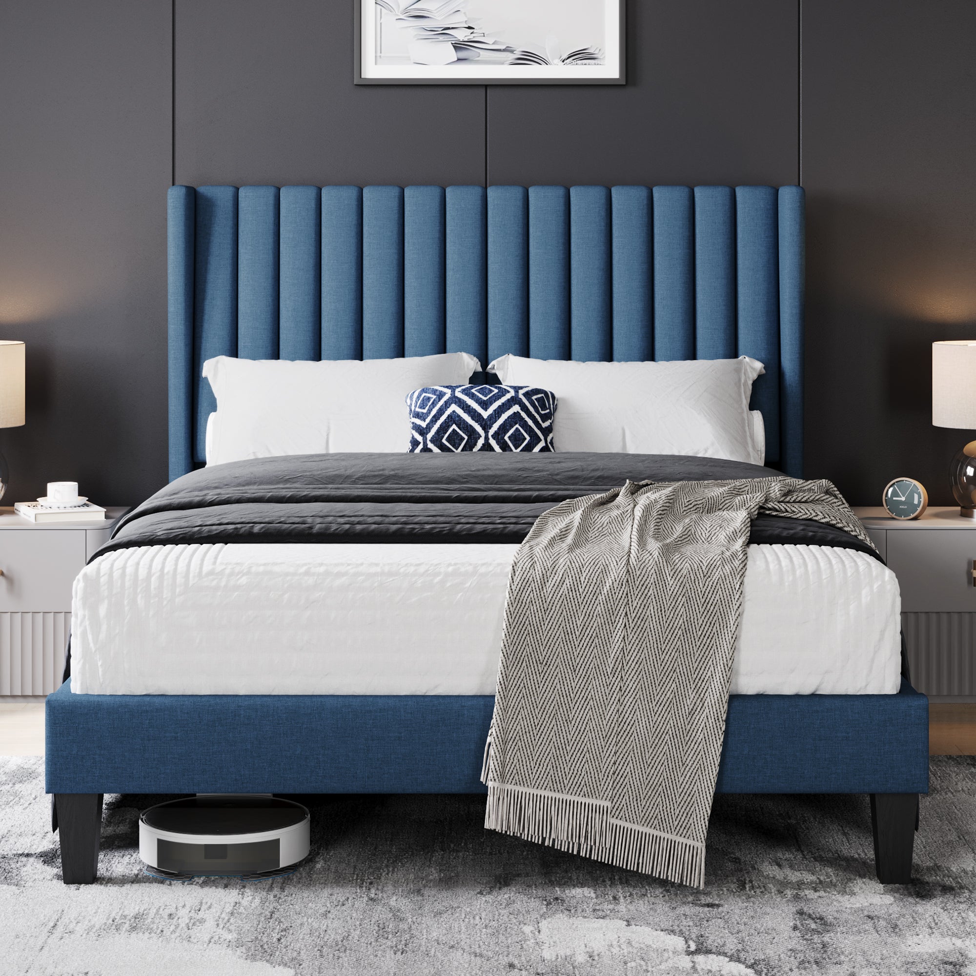 Costoffs Upholstered Bed Frame Full/Queen/King Size, Winged Headboard, Non-Slip, Noiseless, Wooden Slats, Bedroom Furniture, Easy Setup, No Box Spring Required, Installation Guide Included