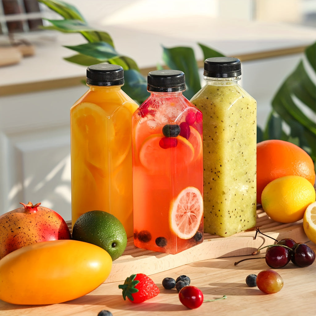 128 empty plastic bottles, 128 tamper-proof black caps, 1 rubber funnel, 1 sponge brush, 16oz Empty Plastic Juice Bottles with Caps, Bulk Clear Beverage Containers for Juicing, Drinking, Milkshake, Tea and Other Beverages