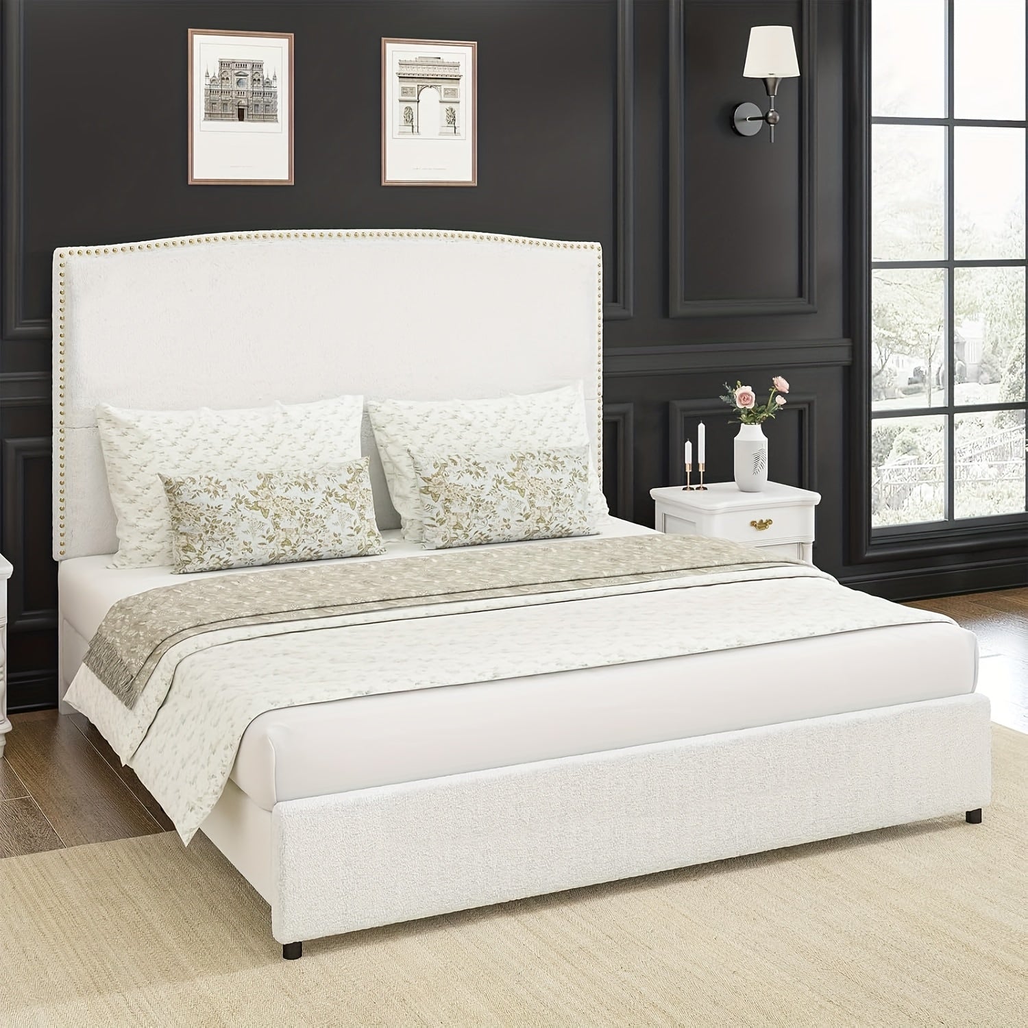 Elegant Queen King Size Bed Frame with 56" Tall Headboard, Boucle Upholstered Platform Bed with Nailhead Trim, Soft Beige/Grey/White Fabric, No Box Spring Needed, Easy Assembly, Classic Hardwood Design for a Luxurious Bedroom