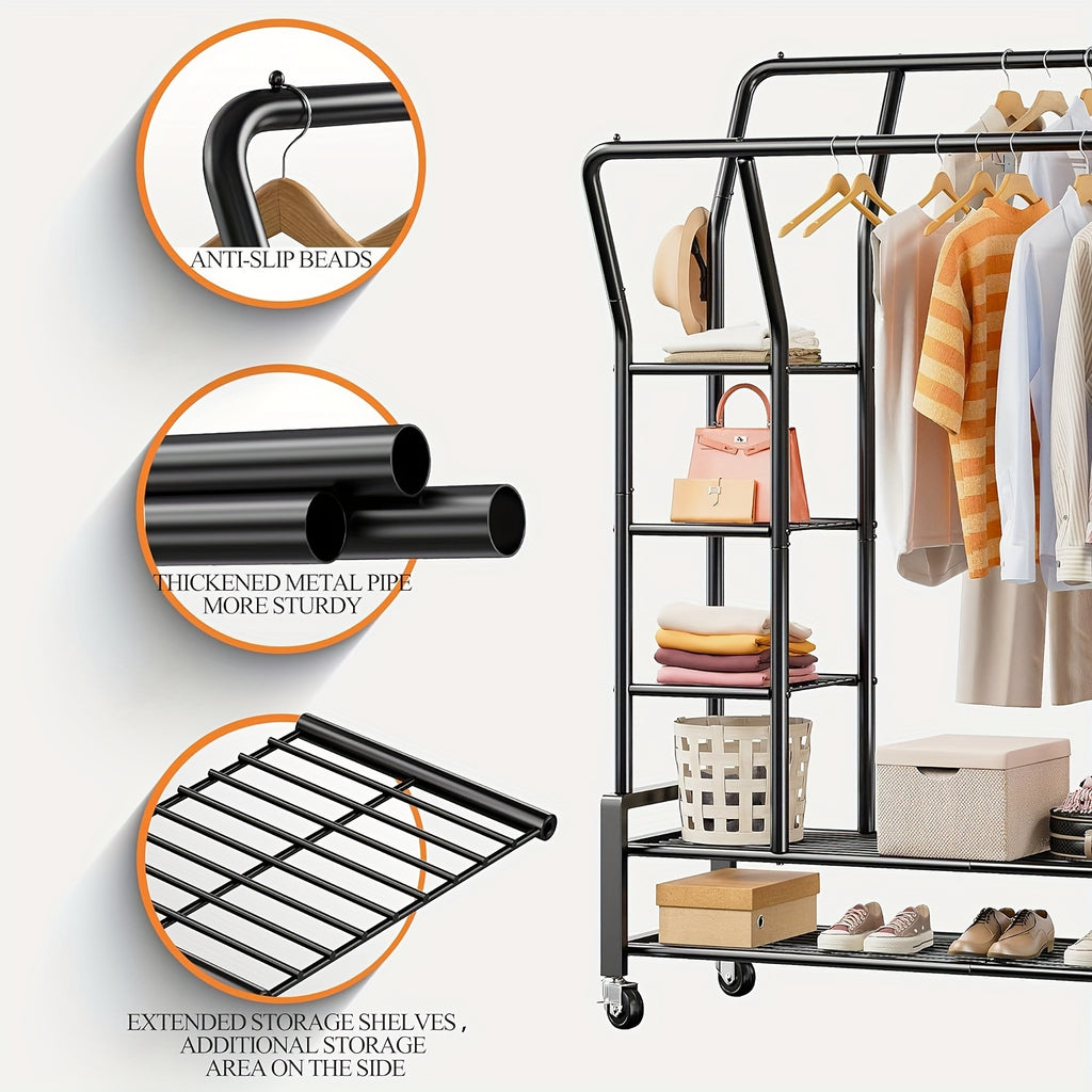 Clothes Rack, Clothing Rack Double Rod Garment Rack Clothing Racks for Hanging Clothes 255LBS Heavy Duty Clothes Rack with Wheels Metal Rolling Closet Rack Laundry Storage Organization