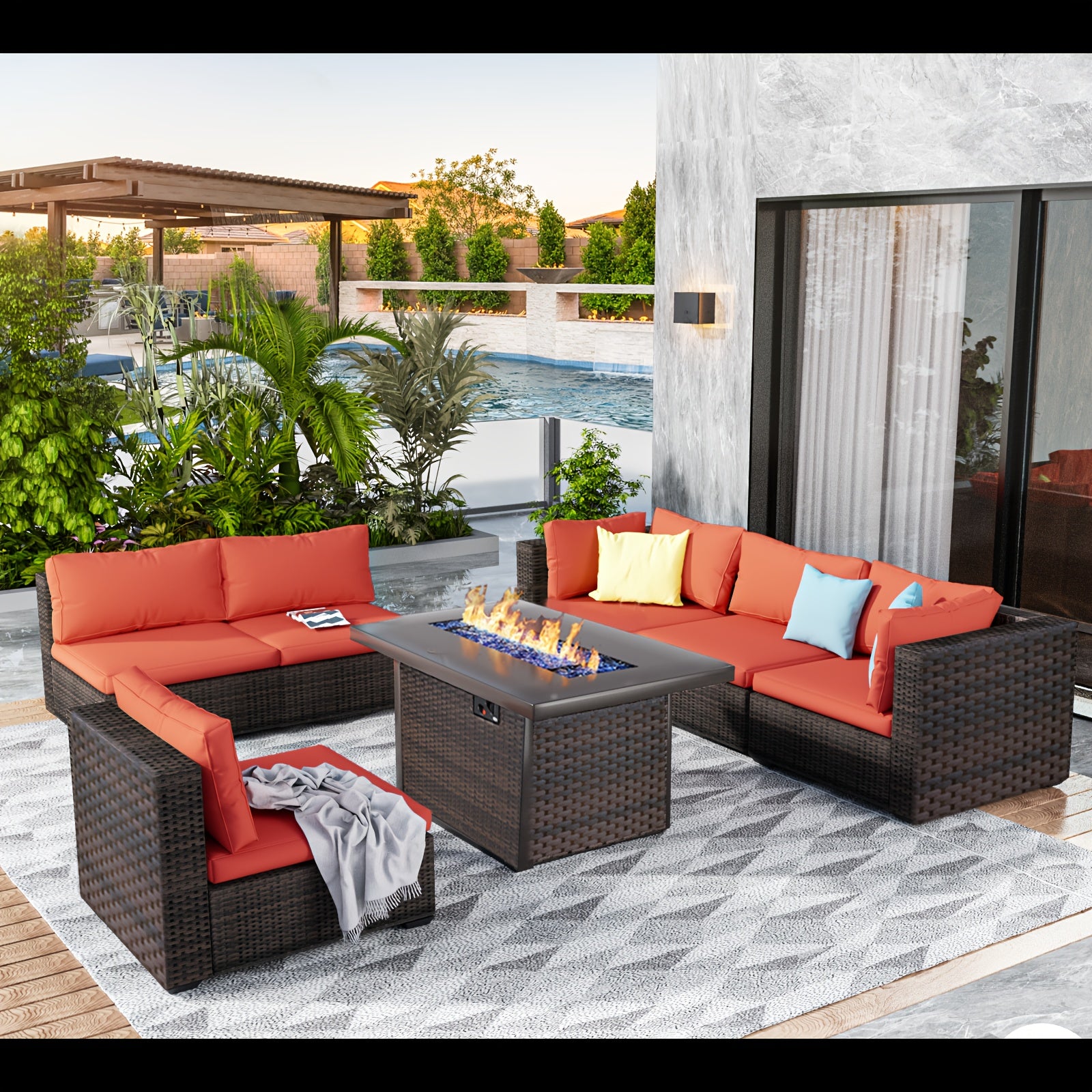 7pcs All-Weather PE Rattan Wicker Outdoor Sectional Patio Furniture Set with Fire Pit Table, Memory Foam Cushions & Brown Tapered Legs - Modular L-Shaped or Straight Configuration, Durable Wicker for Backyard, Garden, Poolsid