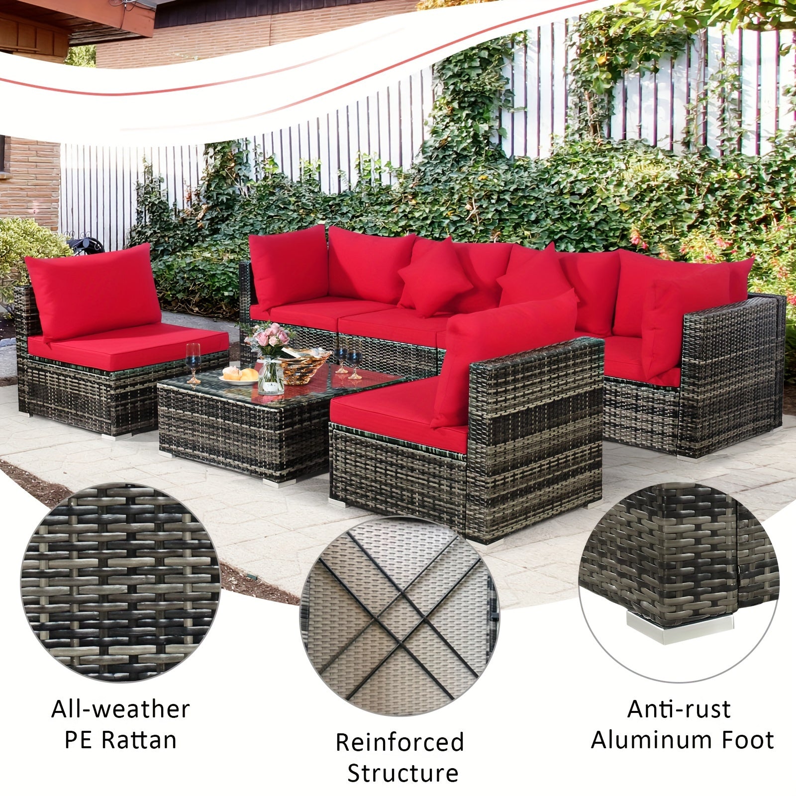7pcs Outdoor Patio Furniture Set with Red Cushions - Wicker Sectional Sofa, Coffee Table, and Pillows - All-Weather PE Rattan & Anti-Rust Steel Frame for Garden Leisure, Patio Furniture Outdoor