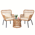 3pcs Outdoor Wicker Bistro Furniture Set with Beige Cushioned Seats & Coffee Table - All-Weather Metal Frame & Plastic Top, Curved Armrests & Sturdy Base for Patio, Balcony, Garden, Front Porch - Comfortable Rattan Sofa Set i