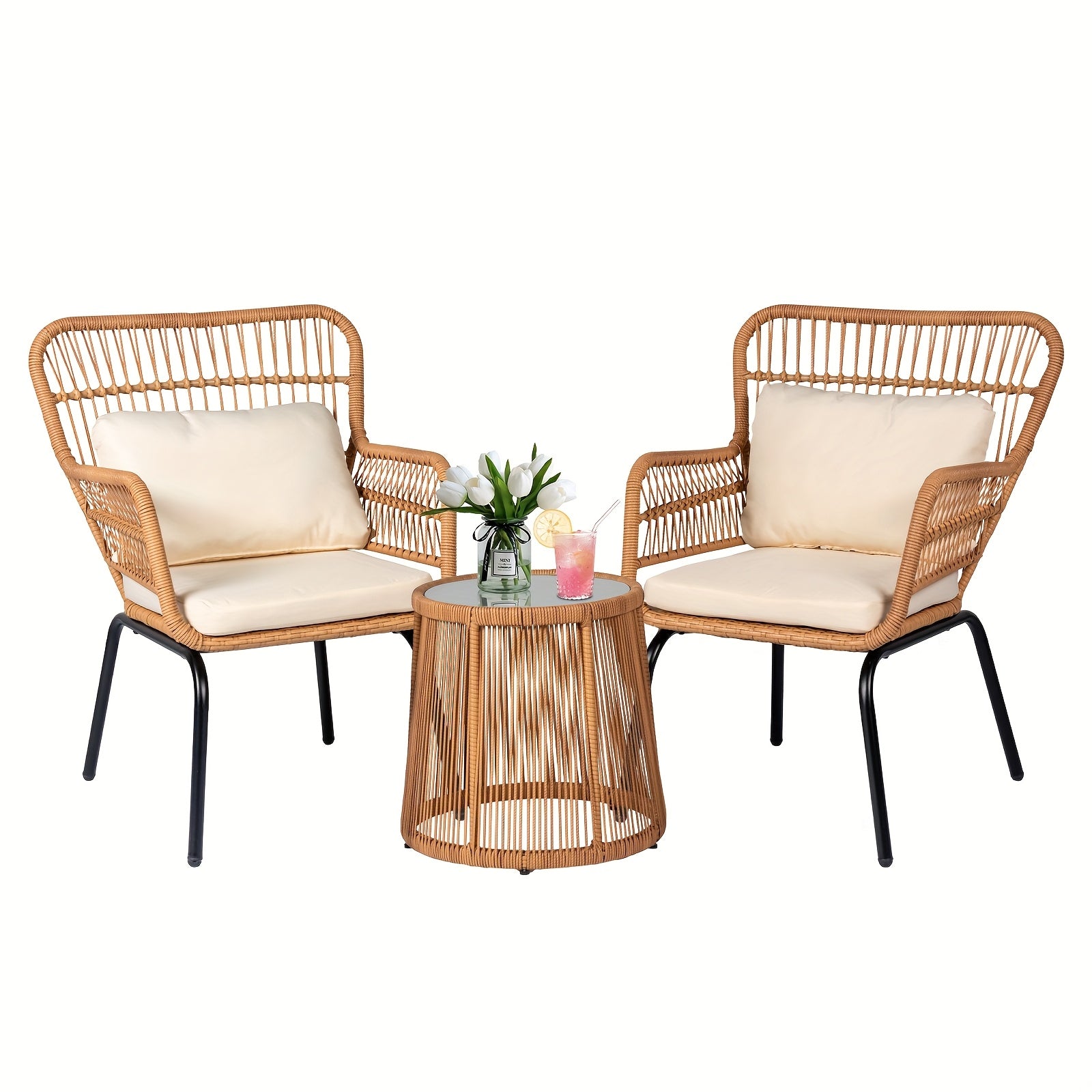3pcs Outdoor Wicker Bistro Furniture Set with Beige Cushioned Seats & Coffee Table - All-Weather Metal Frame & Plastic Top, Curved Armrests & Sturdy Base for Patio, Balcony, Garden, Front Porch - Comfortable Rattan Sofa Set i