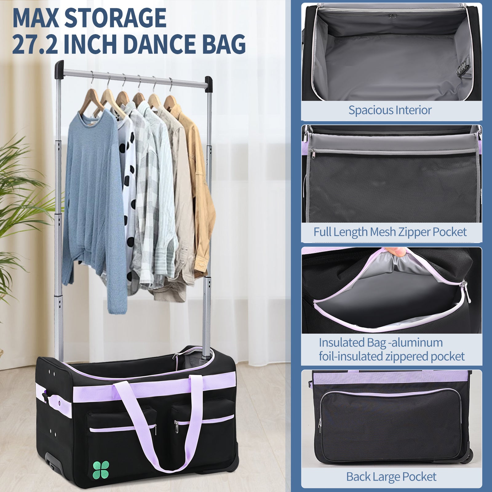 Dance Bag With Garment Rack, 27 Inch Dance Competition Bag Garment Duffel Bag For Competition Events, Travel, Recital Events, Rolling Garment Bag Travel Dance Bag for Girls Boys