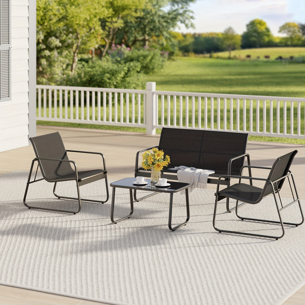 4 Piece Patio Furniture Set, Outdoor Patio Furniture With Loveseat And 2 Single Chairs, Bistro Table And Chairs Set For Backyard, Balcony, Lawn, Black
