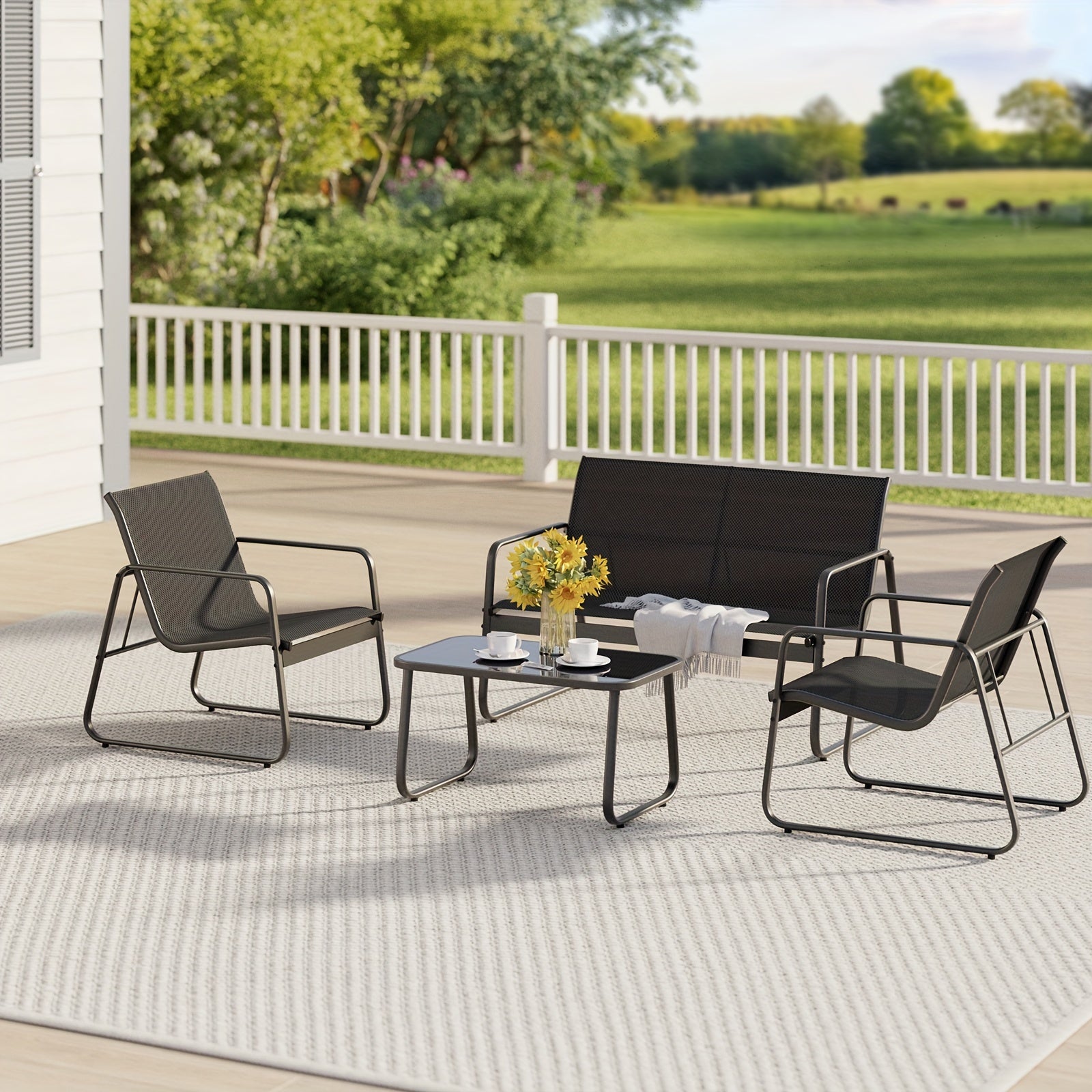 4 Piece Patio Furniture Set, Outdoor Patio Furniture With Loveseat And 2 Single Chairs, Bistro Table And Chairs Set For Backyard, Balcony, Lawn, Black