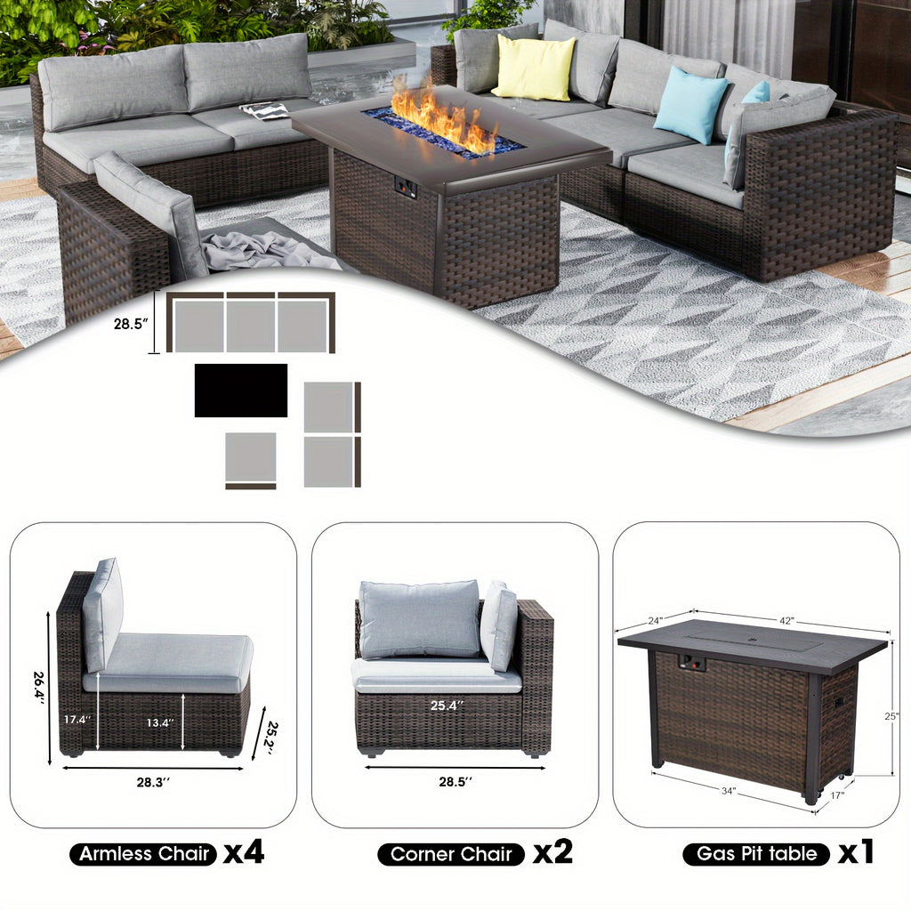 7pcs All-Weather PE Rattan Wicker Outdoor Sectional Patio Furniture Set with Fire Pit Table, Memory Foam Cushions & Brown Tapered Legs - Modular L-Shaped or Straight Configuration, Durable Wicker for Backyard, Garden, Poolsid