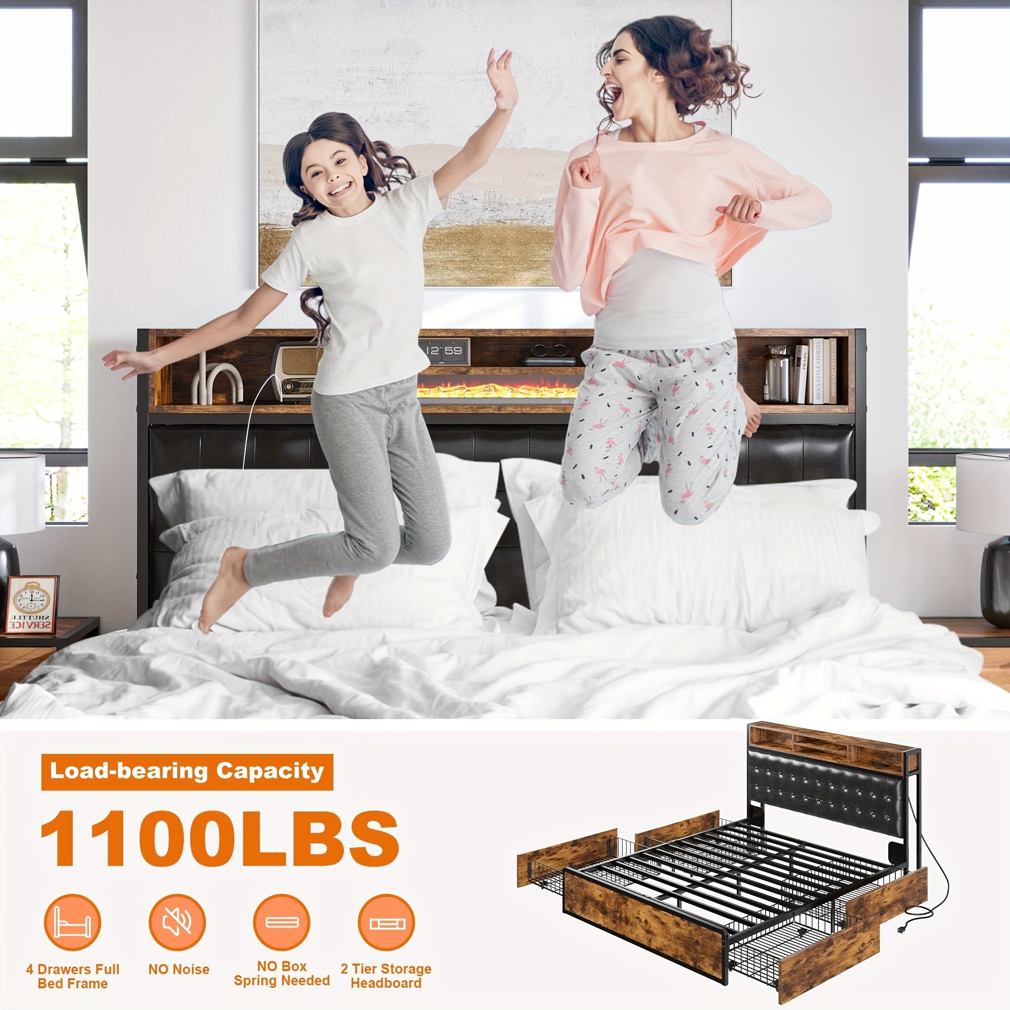 EnHome King/Queen/Full Bed Frame with 4-Tier Storage Drawers & Upholstered Headboard, Heavy-Duty Metal Support, Noise-Free Design, Charging Station (US Plug), No Box Spring Needed, Vintage Brown - Easy Assembly, Hardwood & Me