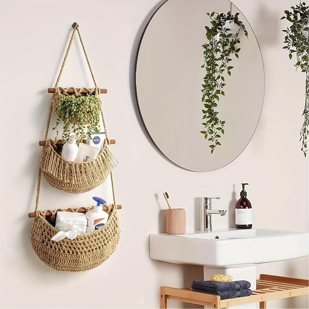 Easy to Install 3-Tier Wall Hanging Storage Basket - Handwoven Rope, Versatile and Space-Saving Organizer for Fruits, Vegetables & More - Boho Chic Home Decor